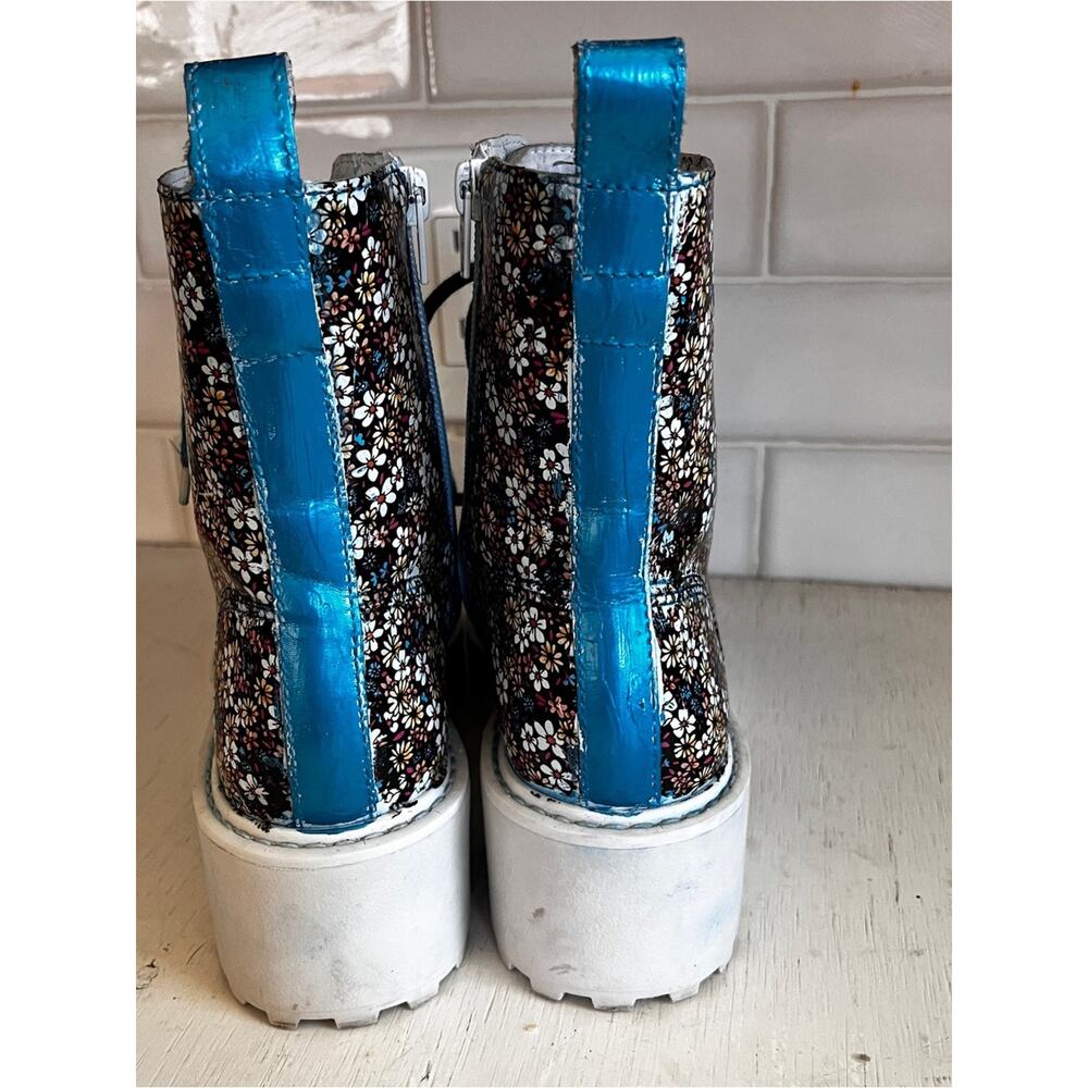 Unique Upcycled Combat Platform Heel Boot Size 7.5 Custom Foil Floral Two Tone - Picture 7 of 12
